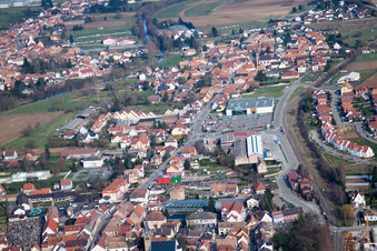 Pfaffenhoffen in the state Bas-Rhin, France from above