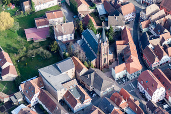 Aerial view of The city center in the downtown area in Pfaffenhoffen in Grand Est, France