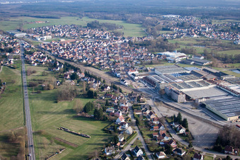 Aerial view of Town View of the streets and houses of the residential areas in Mertzwiller in Grand Est, France