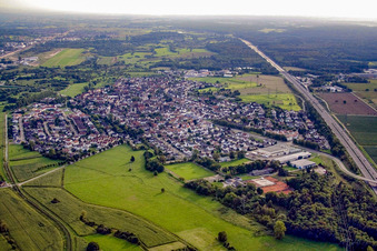 View of the town from the north along the A5 motorway in the district Sandweier in Baden-Baden in the state Baden-Wuerttemberg, Germany