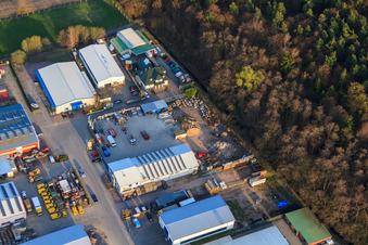 Aerial view of Am Gäxwald industrial area with Feinwerk Precision and Measuring Technology GmbH & Co. KG, Outfit car preparation and Patrik Fichtenkamm master car repair shop in Herxheim bei Landau in the state Rhineland-Palatinate, Germany