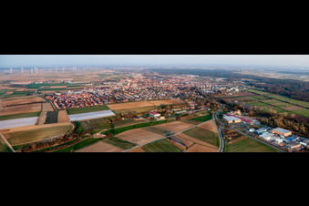 Aerial view of Panoramic perspective Town View of the streets and houses of the residential areas in Herxheim bei Landau (Pfalz) in the state Rhineland-Palatinate, Germany