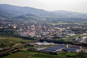 Aerial view of Industrial area with Schäffler Automotive in Bühl in the state Baden-Wuerttemberg, Germany