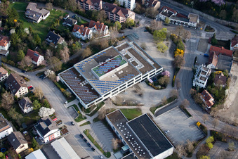 Johannes Kepler High School, Lindenstr in Leonberg in the state Baden-Wuerttemberg, Germany from the plane