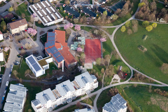 Oblique view of Ostertag Secondary School, Tiroler Straße in the district Eltingen in Leonberg in the state Baden-Wuerttemberg, Germany