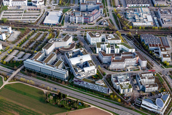 Aerial view of Industrial estate and company settlement with Holiday Inn Stuttgart and VPV Versicherungen in Stuttgart in the state Baden-Wurttemberg, Germany