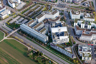 Aerial photograpy of Industrial estate and company settlement with Holiday Inn Stuttgart and VPV Versicherungen in Stuttgart in the state Baden-Wurttemberg, Germany