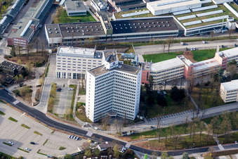 Aerial view of Office and administration buildings of the insurance company Nokia Stuttgart and BBK BVU in Zuffenhausen in the state Baden-Wurttemberg, Germany
