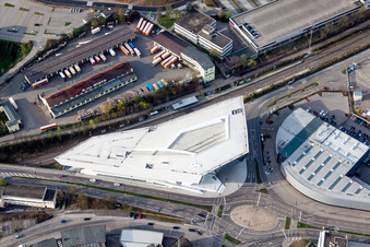 Aerial view of Industrial monument of the technical plants and production halls and the Porsche Museum in Zuffenhausen in the state Baden-Wurttemberg, Germany