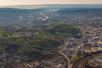 Aerial view of District Zuffenhausen in Stuttgart in the state Baden-Wuerttemberg, Germany