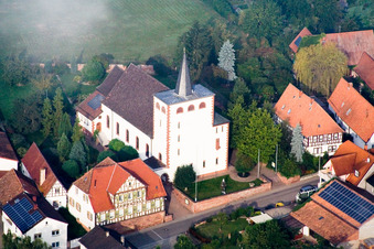 Aerial view of Catholic Church Minfeld in Minfeld in the state Rhineland-Palatinate, Germany