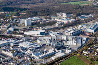 Aerial photograpy of Industrial monument of the technical plants and production halls and the Porsche Museum in Zuffenhausen in the state Baden-Wurttemberg, Germany