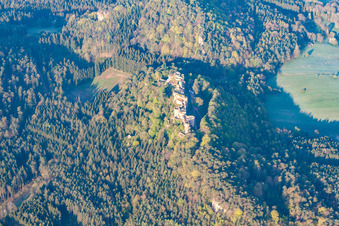 Ruin Old-Dahn in Dahn in the state Rhineland-Palatinate, Germany from the plane