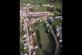 Aerial photograpy of Village - view on the edge of agricultural fields and farmland in Charency-Vezin in Grand Est, France