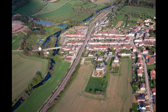 Oblique view of Village - view on the edge of agricultural fields and farmland in Charency-Vezin in Grand Est, France