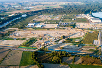 Aerial view of Daimler-Chrysler truck test site in the Oberwald industrial area in Wörth am Rhein in the state Rhineland-Palatinate, Germany