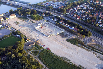 Aerial view of Maximiliancenter retail park in Wörth-Maximiliansau, Globus construction site in the district Maximiliansau in Wörth am Rhein in the state Rhineland-Palatinate, Germany