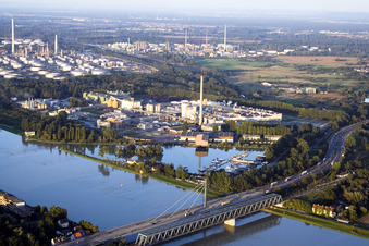 Aerial photograpy of Maxau, Rhine Bridge in the district Knielingen in Karlsruhe in the state Baden-Wuerttemberg, Germany