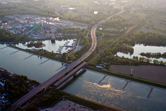 Routing and traffic lanes over the highway bridge in the motorway A 10 crossing the rhine in Woerth am Rhein in the state Rhineland-Palatinate