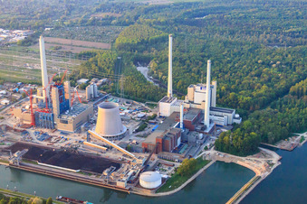Aerial photograpy of Construction site for the expansion of the Rhine port steam power plant Karlsruhe of EnBW Energie Baden-Württemberg AG in the district Daxlanden in Karlsruhe in the state Baden-Wuerttemberg, Germany