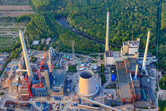 Construction site for the expansion of the Rhine port steam power plant Karlsruhe of EnBW Energie Baden-Württemberg AG in the district Daxlanden in Karlsruhe in the state Baden-Wuerttemberg, Germany from the plane