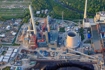 Bird's eye view of Construction site for the expansion of the Rhine port steam power plant Karlsruhe of EnBW Energie Baden-Württemberg AG in the district Daxlanden in Karlsruhe in the state Baden-Wuerttemberg, Germany