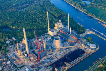 Construction site for the expansion of the Rhine port steam power plant Karlsruhe of EnBW Energie Baden-Württemberg AG in the district Daxlanden in Karlsruhe in the state Baden-Wuerttemberg, Germany viewn from the air