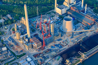 Drone recording of Construction site for the expansion of the Rhine port steam power plant Karlsruhe of EnBW Energie Baden-Württemberg AG in the district Daxlanden in Karlsruhe in the state Baden-Wuerttemberg, Germany