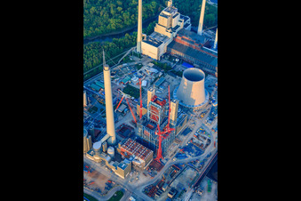 Construction site for the expansion of the Rhine port steam power plant Karlsruhe of EnBW Energie Baden-Württemberg AG in the district Daxlanden in Karlsruhe in the state Baden-Wuerttemberg, Germany from the drone perspective