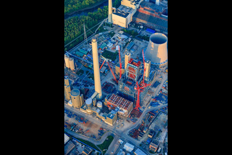 Construction site for the expansion of the Rhine port steam power plant Karlsruhe of EnBW Energie Baden-Württemberg AG in the district Daxlanden in Karlsruhe in the state Baden-Wuerttemberg, Germany seen from a drone