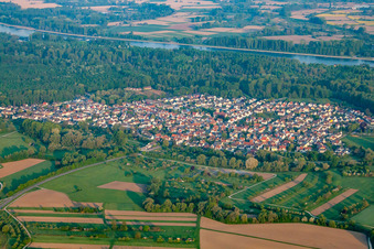 Oblique view of From the east in the district Neuburgweier in Rheinstetten in the state Baden-Wuerttemberg, Germany