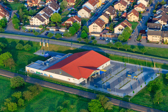 Aerial view of Edeka Fitterer on Schwarzwaldstr in Bietigheim in the state Baden-Wuerttemberg, Germany