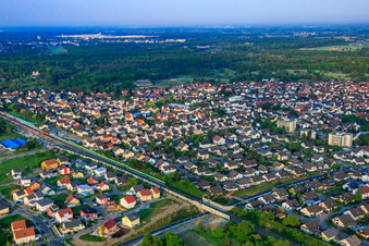 Aerial view of View of the town from the northeast in Ötigheim in the state Baden-Wuerttemberg, Germany