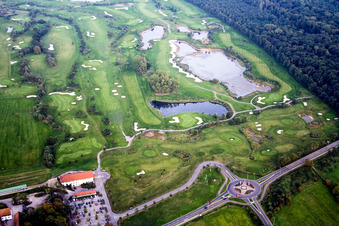 Grounds of the Golf course at Golfanlage Landgut Dreihof in Essingen in the state Rhineland-Palatinate seen from a drone