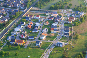 Aerial view of New development area Musikerviertel in Ötigheim in the state Baden-Wuerttemberg, Germany