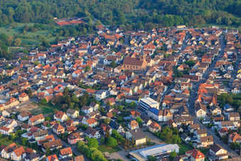 Aerial view of Catholic Church "St. Michael in Ötigheim in the state Baden-Wuerttemberg, Germany