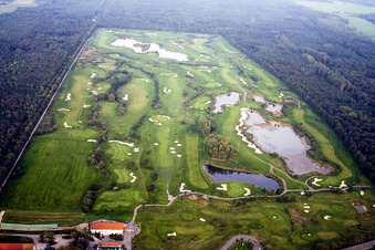 Aerial photograpy of Grounds of the Golf course at Golfanlage Landgut Dreihof in Essingen in the state Rhineland-Palatinate