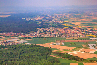 Aerial view of City view from the east in Rülzheim in the state Rhineland-Palatinate, Germany