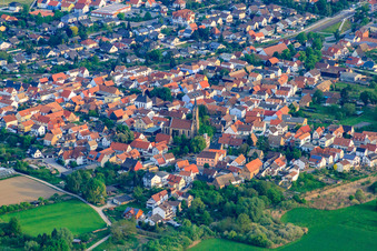 Aerial photograpy of Catholic Church of St. John the Baptist in the district Sondernheim in Germersheim in the state Rhineland-Palatinate, Germany