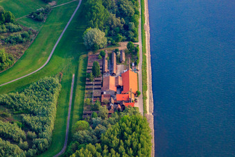 Aerial photograpy of Brickworks Museum Sondernheim on the Rhine Dam in Germersheim in the state Rhineland-Palatinate, Germany
