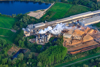 Aerial view of Nolde industrial area (chipboard production) in Germersheim in the state Rhineland-Palatinate, Germany