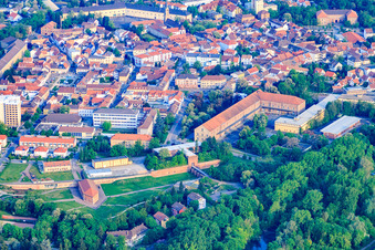 Fronte Lamotte city park with Weissenburg gate building, trench defense building and former military hospital at Paradeplatz in Germersheim in the state Rhineland-Palatinate, Germany