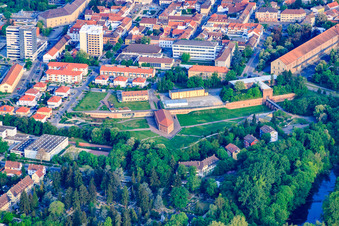 Aerial view of Fronte Lamotte city park with Weissenburg gate building, trench defense building and former military hospital at Paradeplatz in Germersheim in the state Rhineland-Palatinate, Germany
