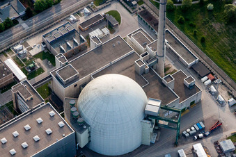 Aerial view of Building remains of the reactor units and facilities of the NPP nuclear power plant of EnBW Kernkraft GmbH on Rheinschanzinsel in Philippsburg in the state Baden-Wurttemberg, Germany