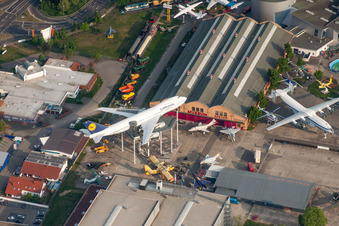 Outdoor exhibition of airplanes and ships in the Technical Museum Speyer in Speyer in the state Rhineland-Palatinate, Germany from above
