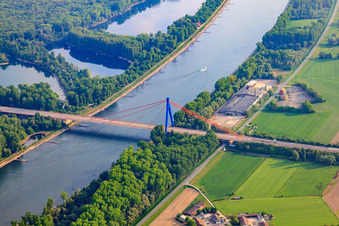 Aerial view of Motorway bridge of the A61 over the Rhine north of Speyer in Hockenheim in the state Baden-Wuerttemberg, Germany