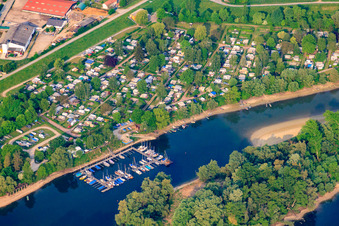 Aerial photograpy of Boat dock of the sailing club Otterstadt (SCO), club grounds at the Otterstadt Althrein in Otterstadt in the state Rhineland-Palatinate, Germany