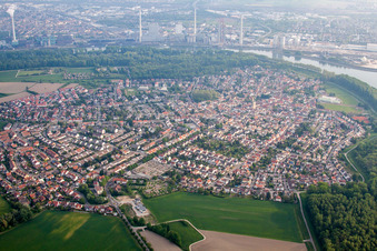 Town View of the streets and houses of the residential areas in Altrip in the state Rhineland-Palatinate out of the air