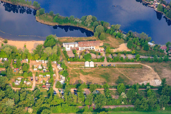 Aerial view of Hotel Darstein at the Adriatic pond and parking lot to the lido in Altrip in the state Rhineland-Palatinate, Germany