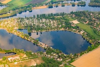 Aerial view of Blue Adriatic, Swan Pond in Altrip in the state Rhineland-Palatinate, Germany